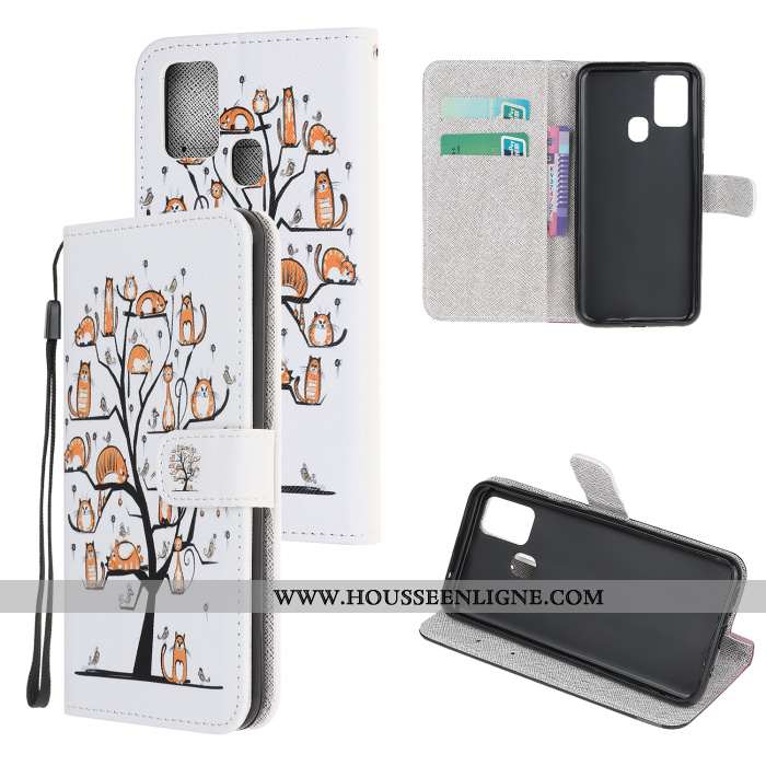 Housse Samsung Galaxy A21s Protection Dessin Animé Clamshell Cuir Téléphone Portable Coque Étui Blan