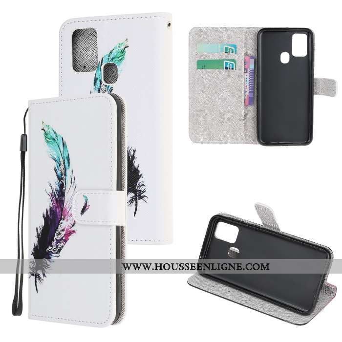Housse Samsung Galaxy A21s Protection Dessin Animé Clamshell Cuir Téléphone Portable Coque Étui Blan