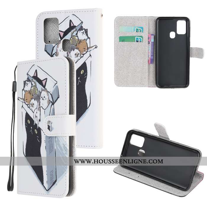 Housse Samsung Galaxy A21s Protection Dessin Animé Clamshell Cuir Téléphone Portable Coque Étui Blan