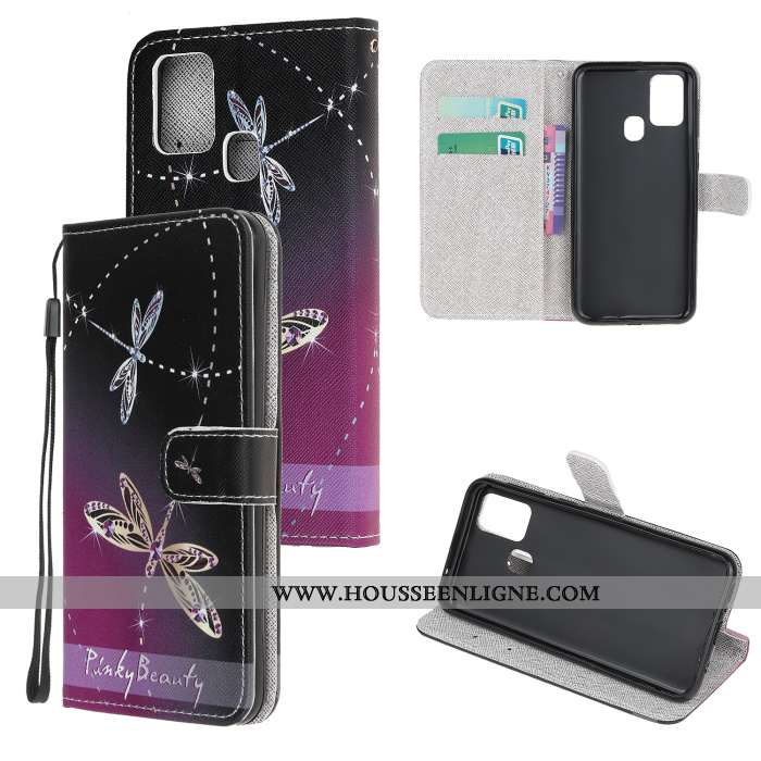 Housse Samsung Galaxy A21s Protection Dessin Animé Clamshell Cuir Téléphone Portable Coque Étui Blan