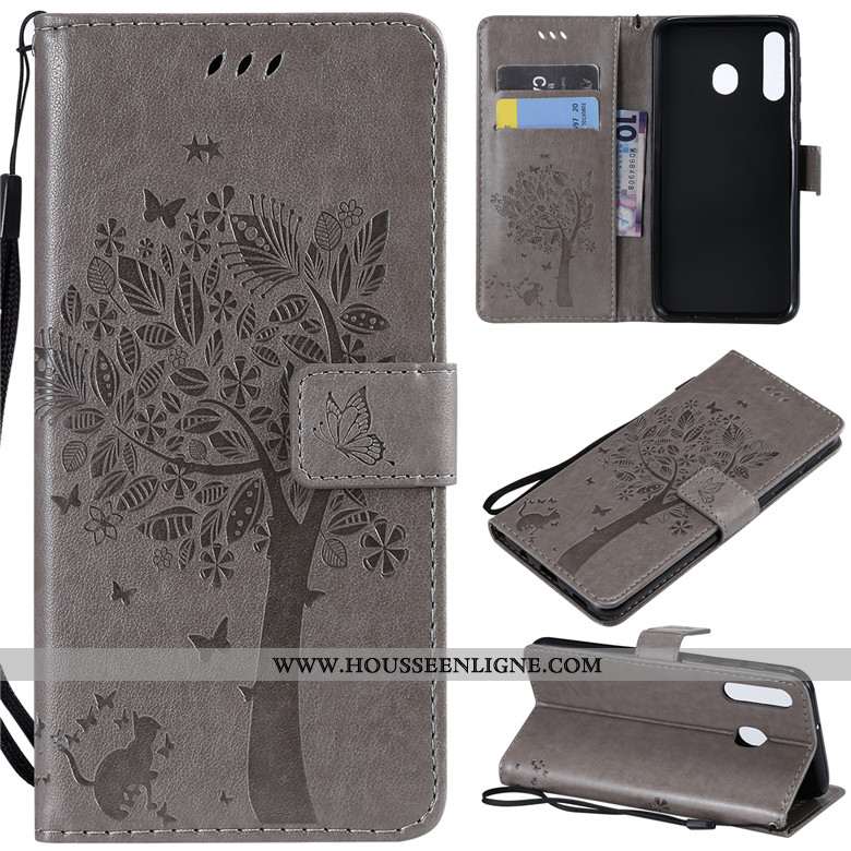 Housse Samsung Galaxy A40s Portefeuille Cuir Téléphone Portable Clamshell Étui Protection Chat Gris