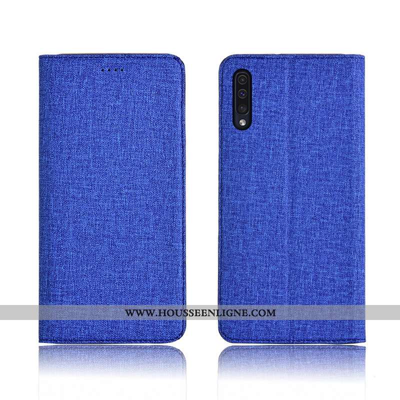Housse Samsung Galaxy A50 Cuir Fluide Doux Lin Silicone Nouveau Protection Clamshell Bleu