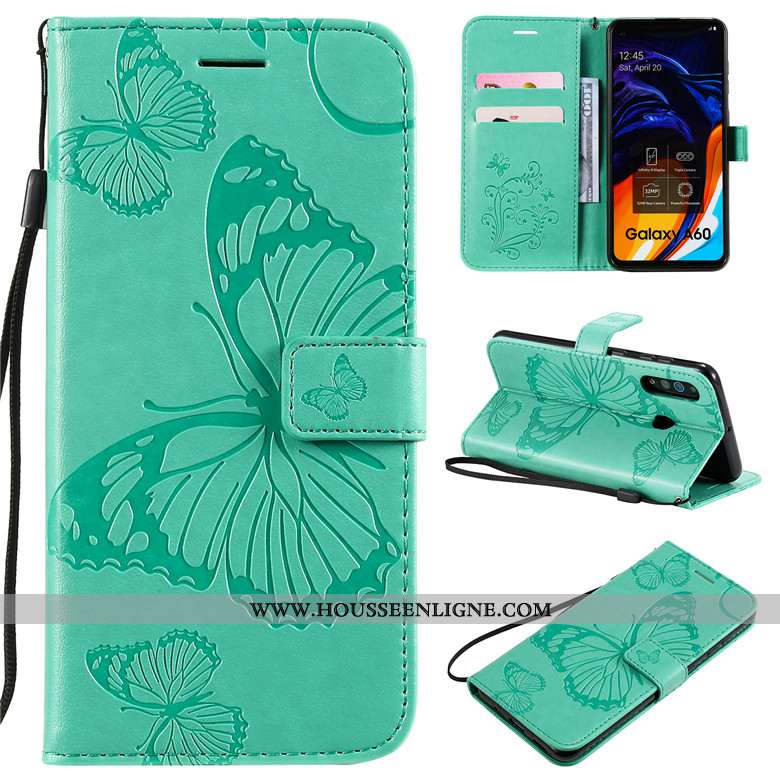 Housse Samsung Galaxy A60 Cuir Protection Fleur Étoile Téléphone Portable Étui Violet