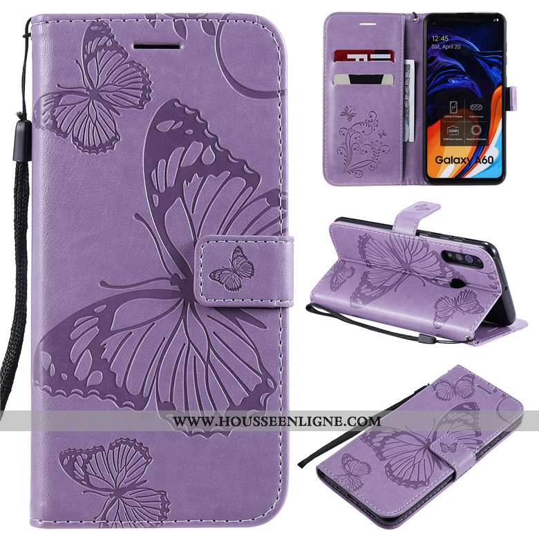 Housse Samsung Galaxy A60 Cuir Protection Fleur Étoile Téléphone Portable Étui Violet
