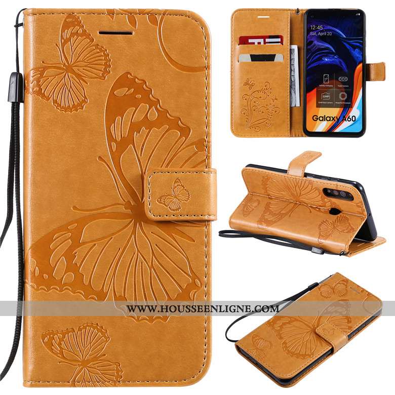 Housse Samsung Galaxy A60 Cuir Protection Fleur Étoile Téléphone Portable Étui Violet