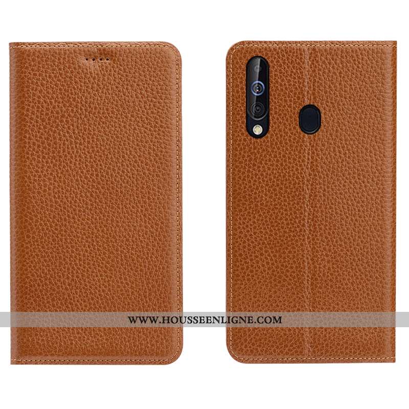 Housse Samsung Galaxy A60 Cuir Véritable Cuir Marron Étui Coque Téléphone Portable Litchi