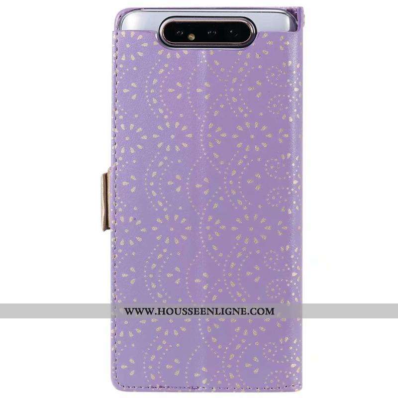 Housse Samsung Galaxy A80 Cuir Modèle Fleurie Étui Fluide Doux Violet Dentelle