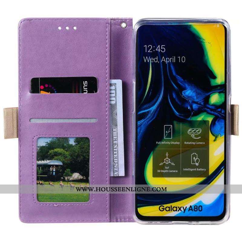 Housse Samsung Galaxy A80 Cuir Modèle Fleurie Étui Fluide Doux Violet Dentelle