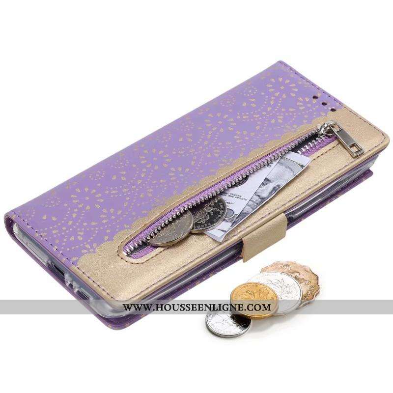 Housse Samsung Galaxy A80 Cuir Modèle Fleurie Étui Fluide Doux Violet Dentelle