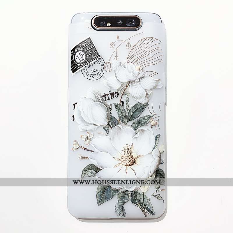 Housse Samsung Galaxy A80 Transparent Gaufrage Coque Vent Téléphone Portable Fleur Silicone Blanche