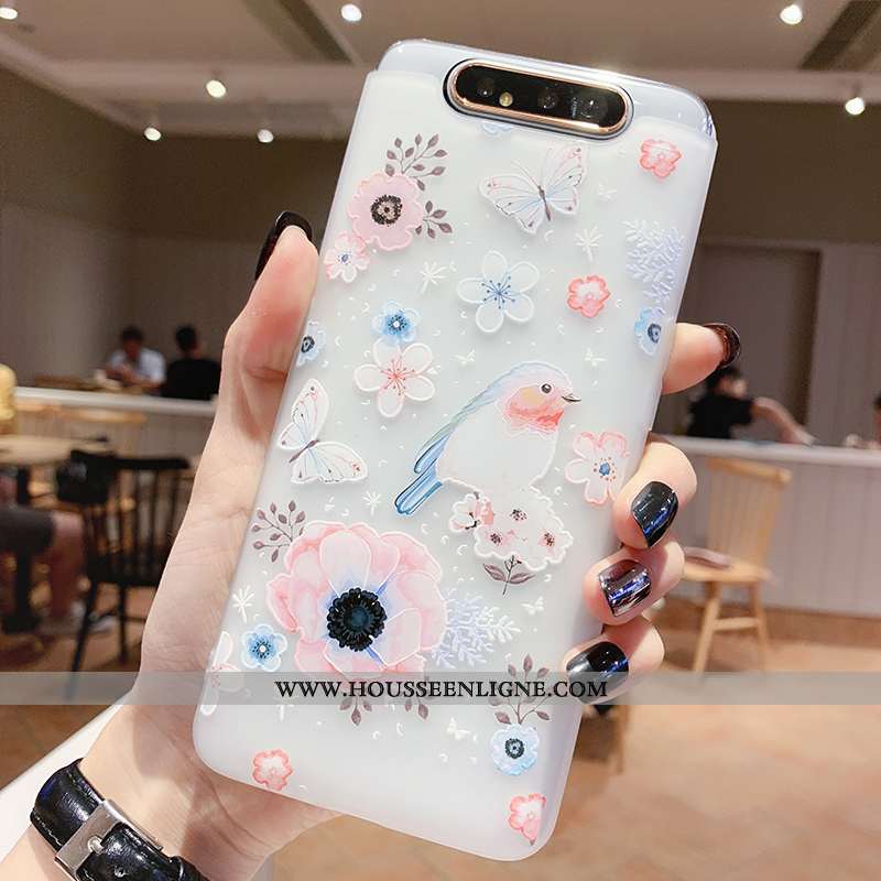 Housse Samsung Galaxy A80 Transparent Gaufrage Coque Vent Téléphone Portable Fleur Silicone Blanche