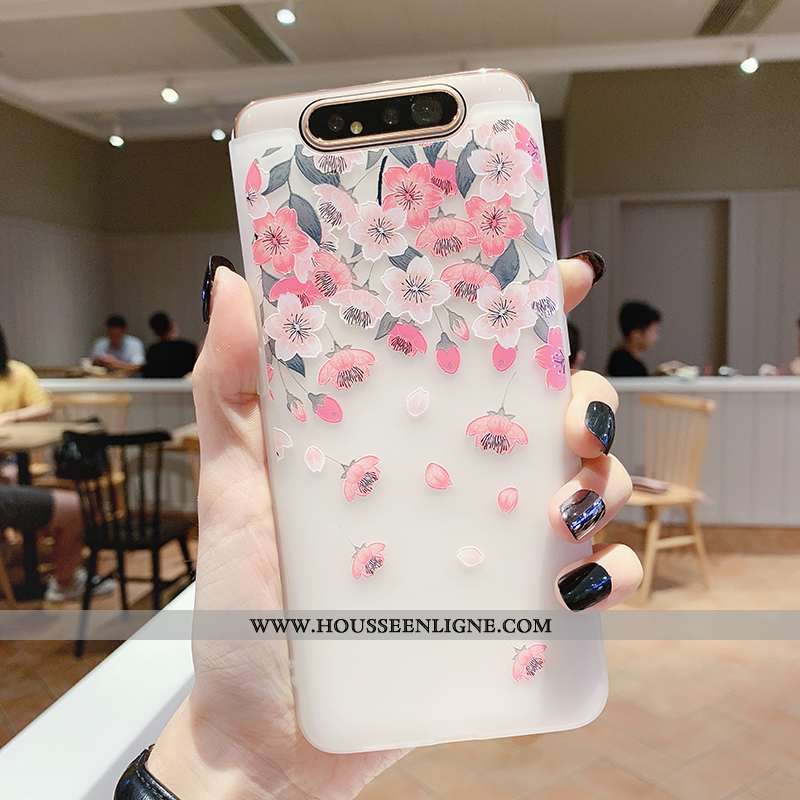Housse Samsung Galaxy A80 Transparent Gaufrage Coque Vent Téléphone Portable Fleur Silicone Blanche