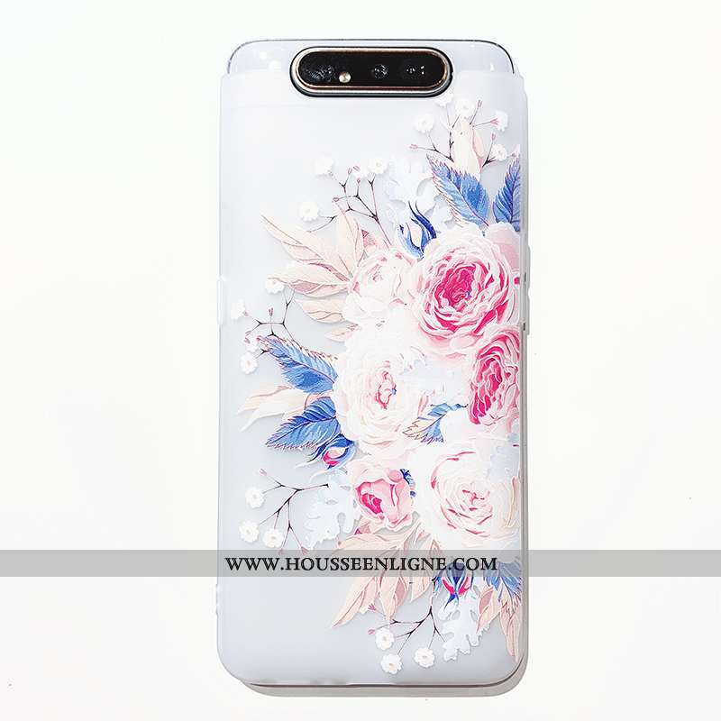 Housse Samsung Galaxy A80 Transparent Gaufrage Coque Vent Téléphone Portable Fleur Silicone Blanche