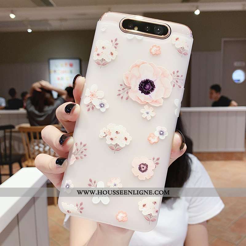 Housse Samsung Galaxy A80 Transparent Gaufrage Coque Vent Téléphone Portable Fleur Silicone Blanche