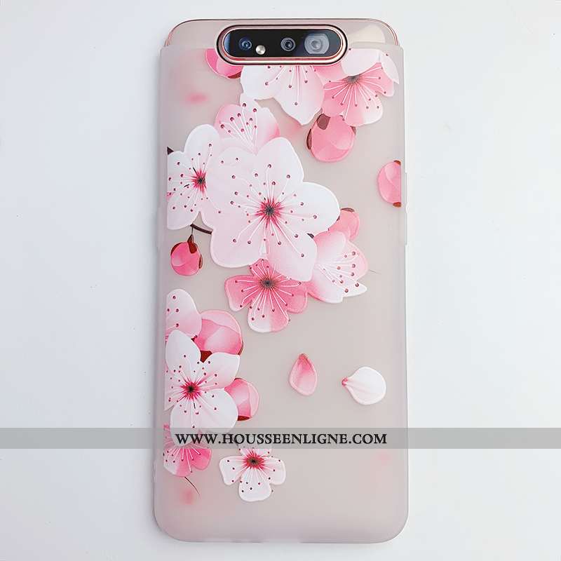Housse Samsung Galaxy A80 Transparent Gaufrage Coque Vent Téléphone Portable Fleur Silicone Blanche