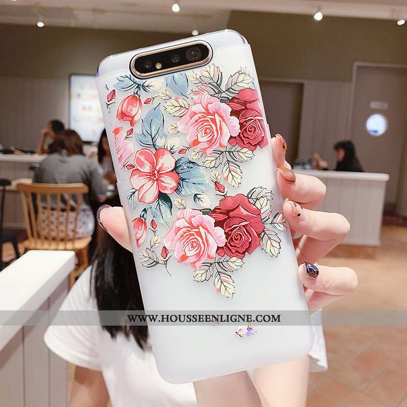 Housse Samsung Galaxy A80 Transparent Gaufrage Coque Vent Téléphone Portable Fleur Silicone Blanche