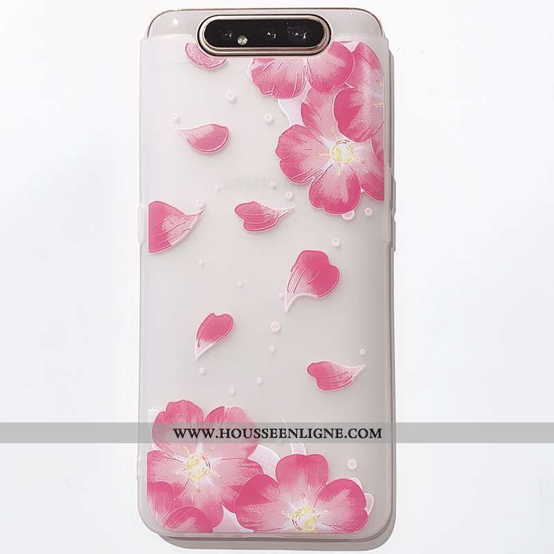 Housse Samsung Galaxy A80 Transparent Gaufrage Coque Vent Téléphone Portable Fleur Silicone Blanche