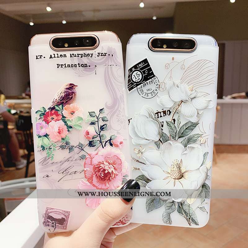 Housse Samsung Galaxy A80 Transparent Gaufrage Coque Vent Téléphone Portable Fleur Silicone Blanche