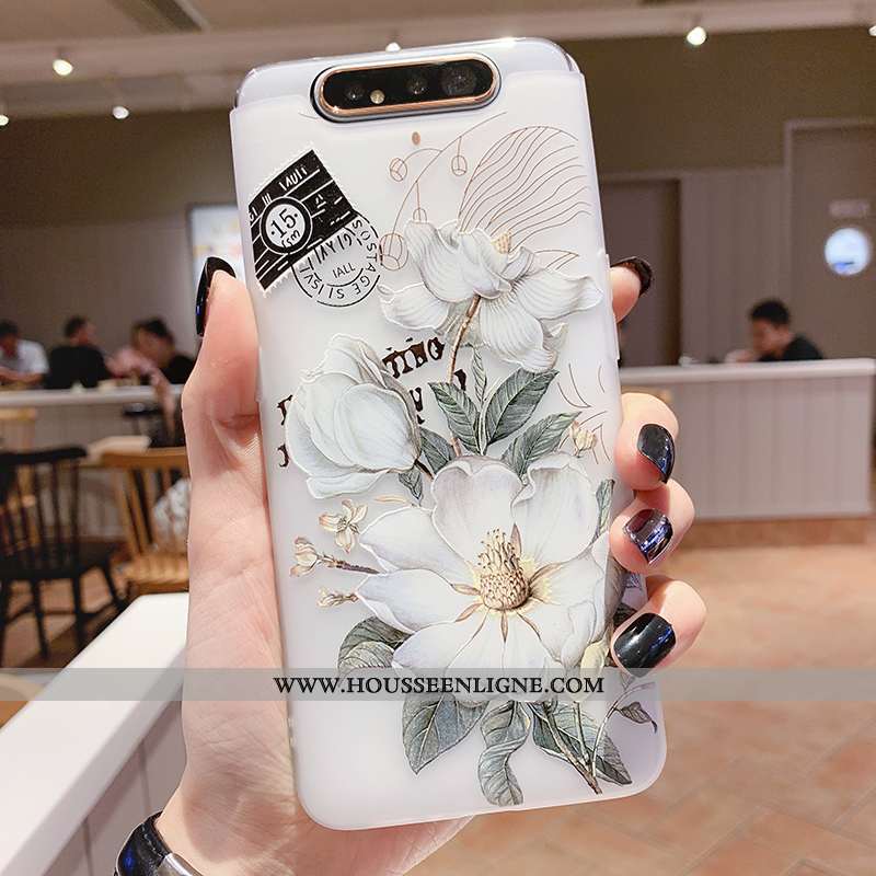 Housse Samsung Galaxy A80 Transparent Gaufrage Coque Vent Téléphone Portable Fleur Silicone Blanche