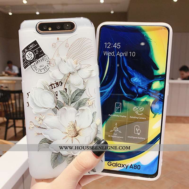 Housse Samsung Galaxy A80 Transparent Gaufrage Coque Vent Téléphone Portable Fleur Silicone Blanche