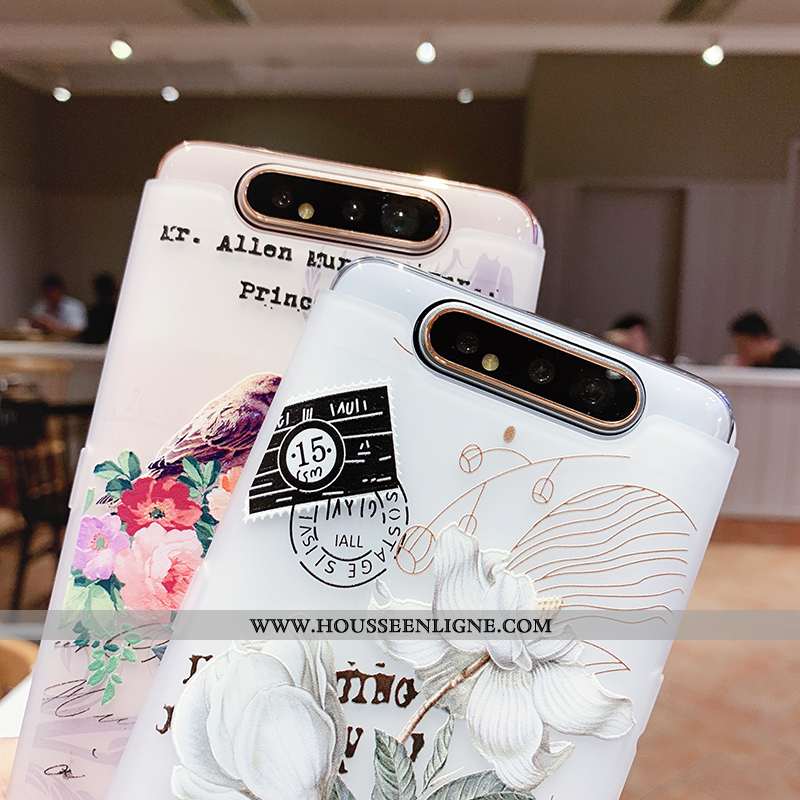 Housse Samsung Galaxy A80 Transparent Gaufrage Coque Vent Téléphone Portable Fleur Silicone Blanche