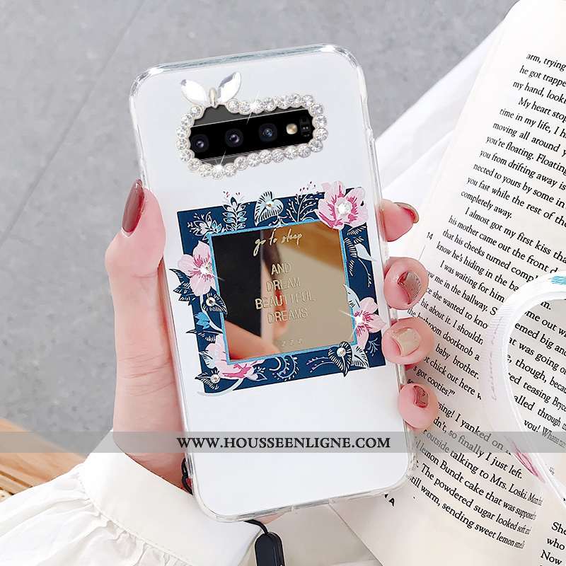 Housse Samsung Galaxy S10 Personnalité Fluide Doux Téléphone Portable Coque Étui Fleurs Miroir Blanc