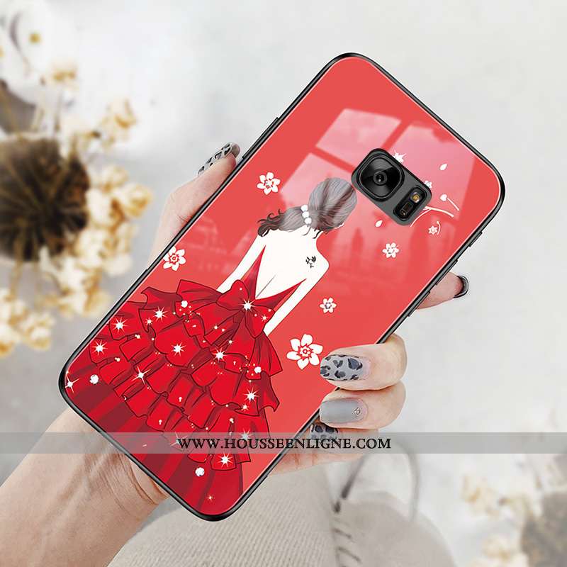 Housse Samsung Galaxy S7 Verre Personnalité Étoile Téléphone Portable Net Rouge Coque Protection Bla