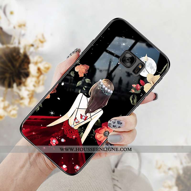 Housse Samsung Galaxy S7 Verre Personnalité Étoile Téléphone Portable Net Rouge Coque Protection Bla