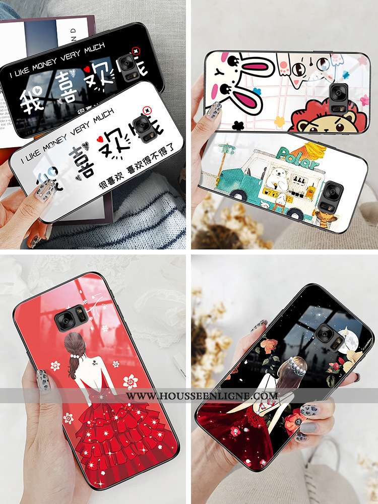 Housse Samsung Galaxy S7 Verre Personnalité Étoile Téléphone Portable Net Rouge Coque Protection Bla