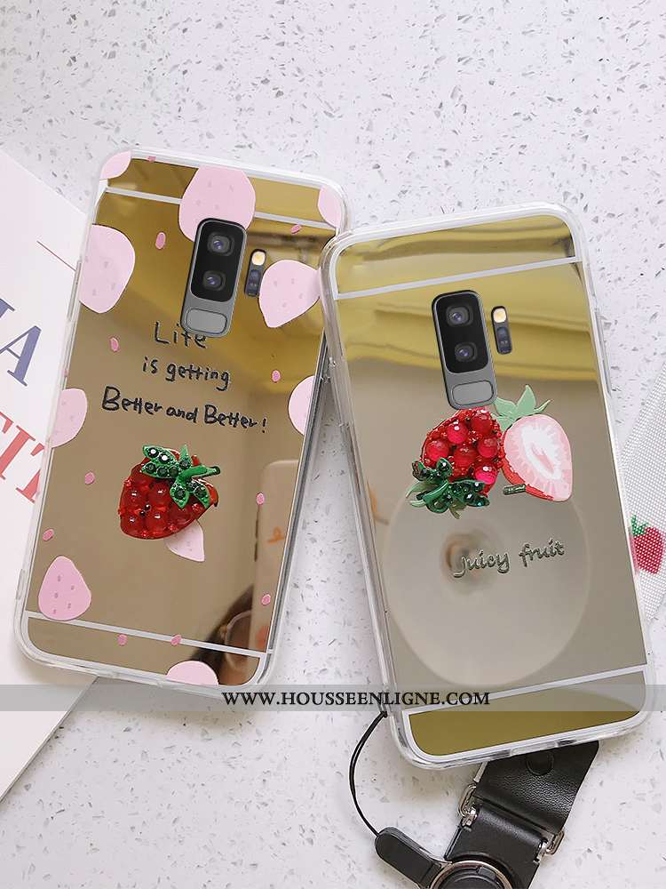 Housse Samsung Galaxy S9+ Protection Ornements Suspendus Argent Étui Nouveau Fraise Téléphone Portab