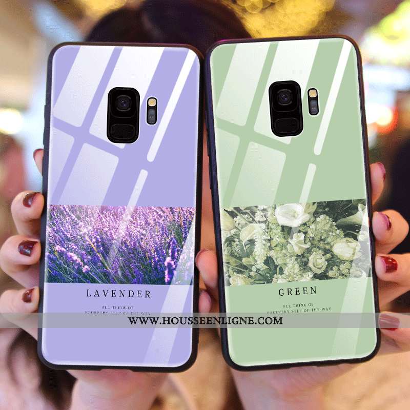 Housse Samsung Galaxy S9 Verre Créatif Net Rouge Incassable Fleurs Nouveau Étui Verte