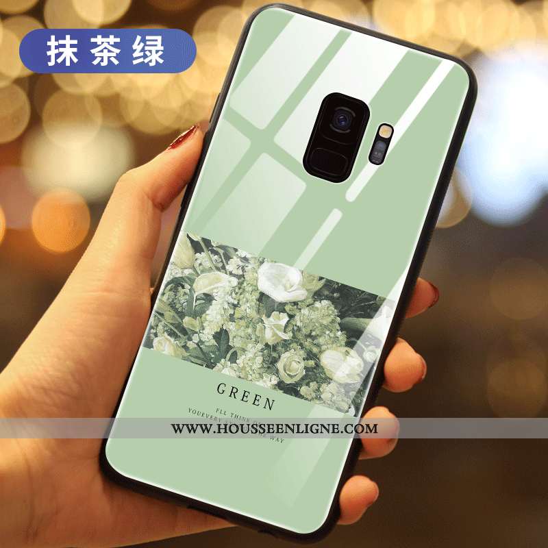 Housse Samsung Galaxy S9 Verre Créatif Net Rouge Incassable Fleurs Nouveau Étui Verte