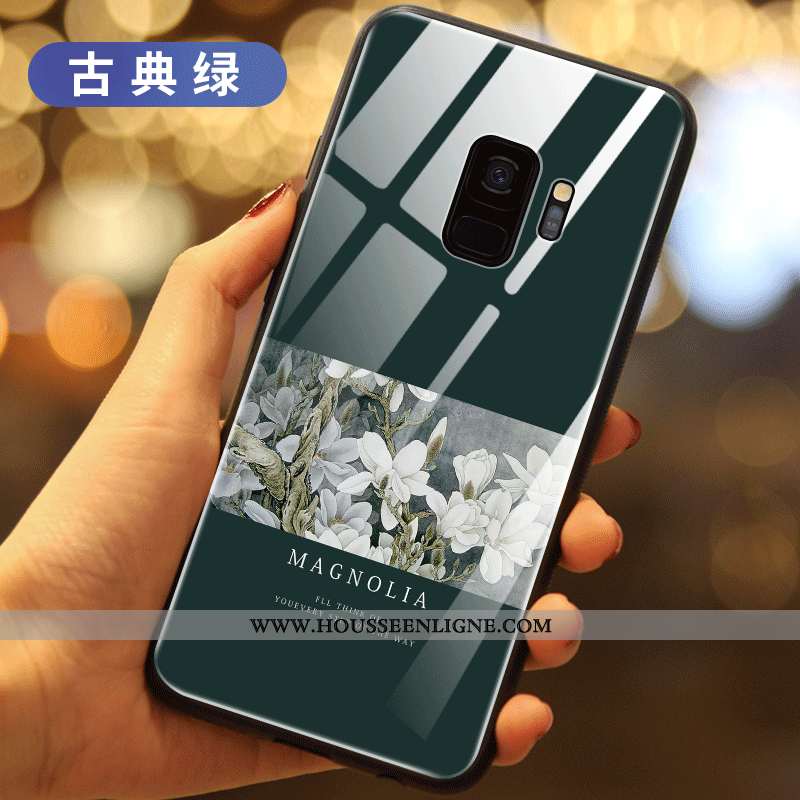 Housse Samsung Galaxy S9 Verre Créatif Net Rouge Incassable Fleurs Nouveau Étui Verte