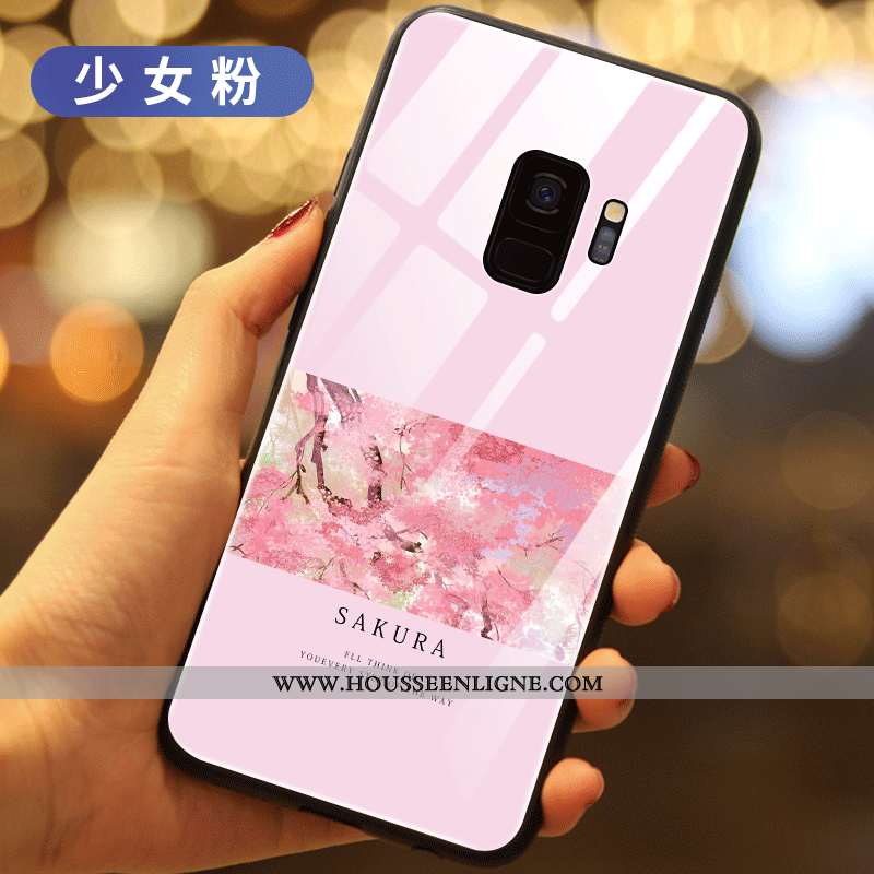 Housse Samsung Galaxy S9 Verre Créatif Net Rouge Incassable Fleurs Nouveau Étui Verte