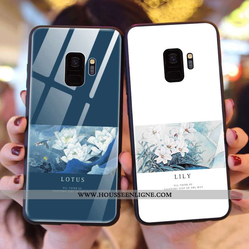 Housse Samsung Galaxy S9 Verre Créatif Net Rouge Incassable Fleurs Nouveau Étui Verte