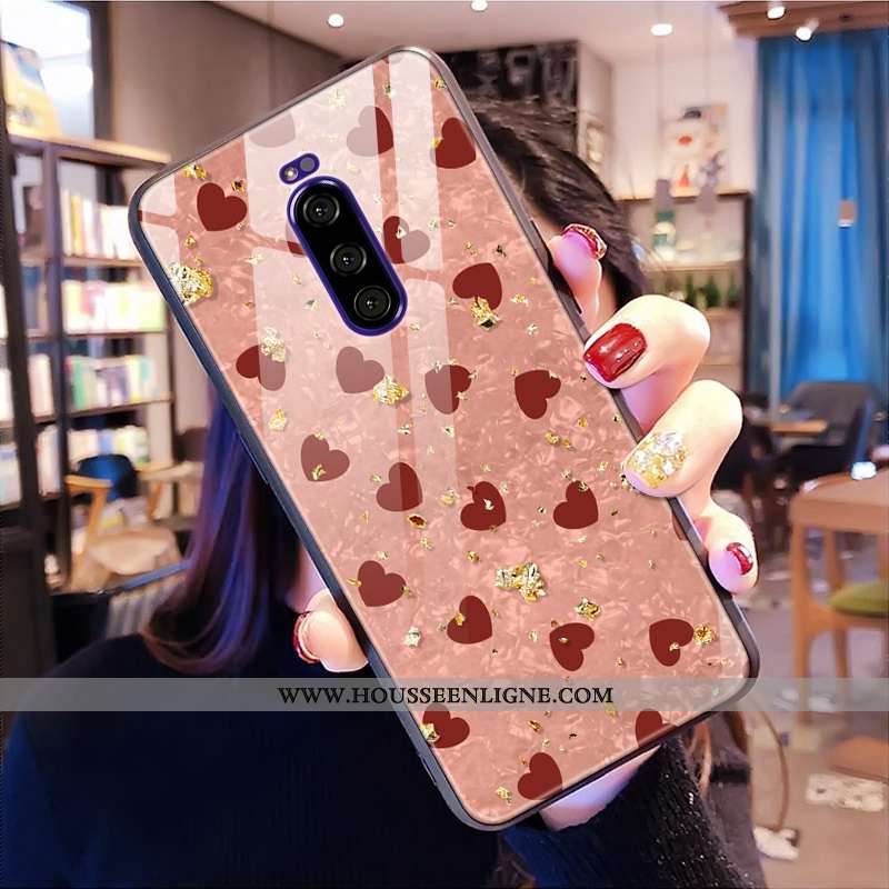 Housse Sony Xperia 1 Verre Rose Net Rouge Téléphone Portable Coque Cœur