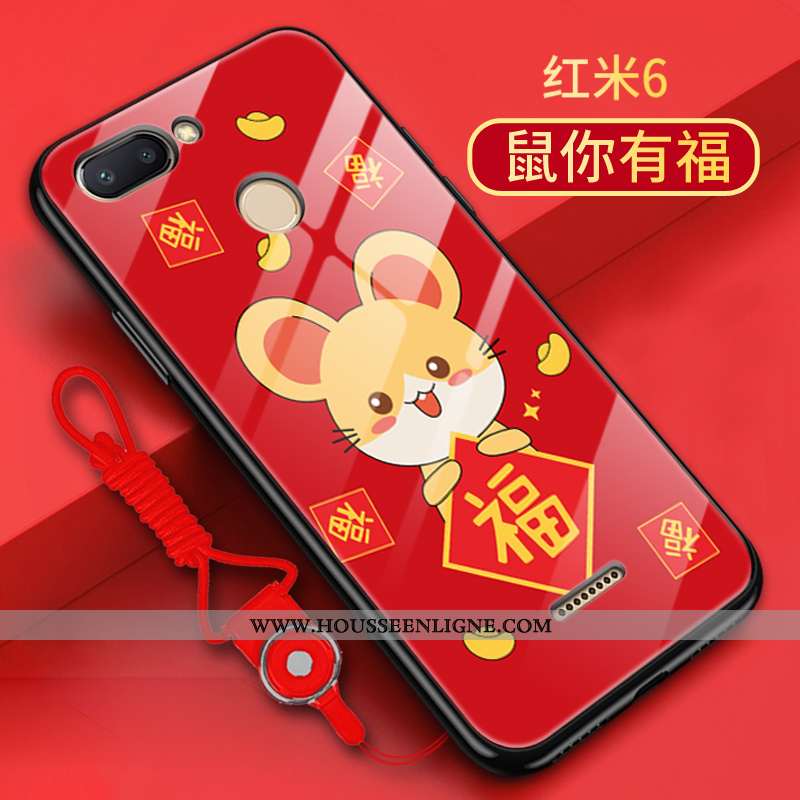 Housse Xiaomi Redmi 6 Verre Délavé En Daim Tendance Rat Petit Coque Rouge