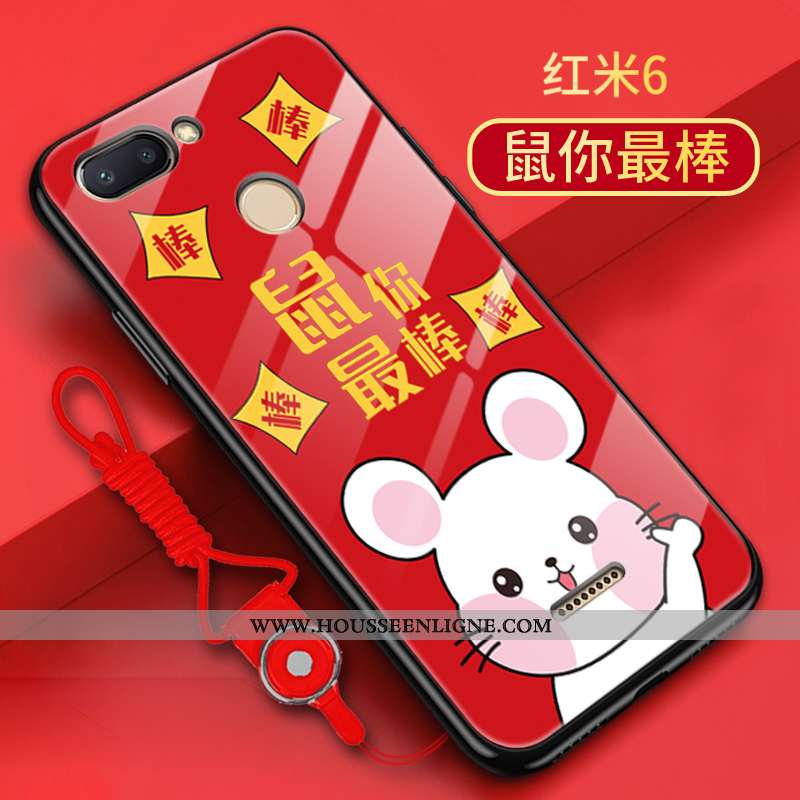 Housse Xiaomi Redmi 6 Verre Délavé En Daim Tendance Rat Petit Coque Rouge