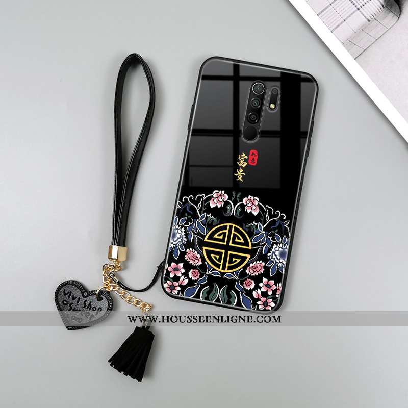 Housse Xiaomi Redmi 9 Protection Verre Style Chinois Tendance Étui Amoureux Fluide Doux Rouge