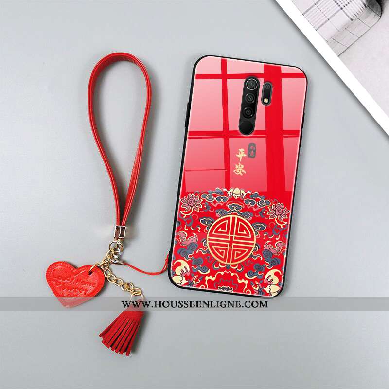 Housse Xiaomi Redmi 9 Protection Verre Style Chinois Tendance Étui Amoureux Fluide Doux Rouge