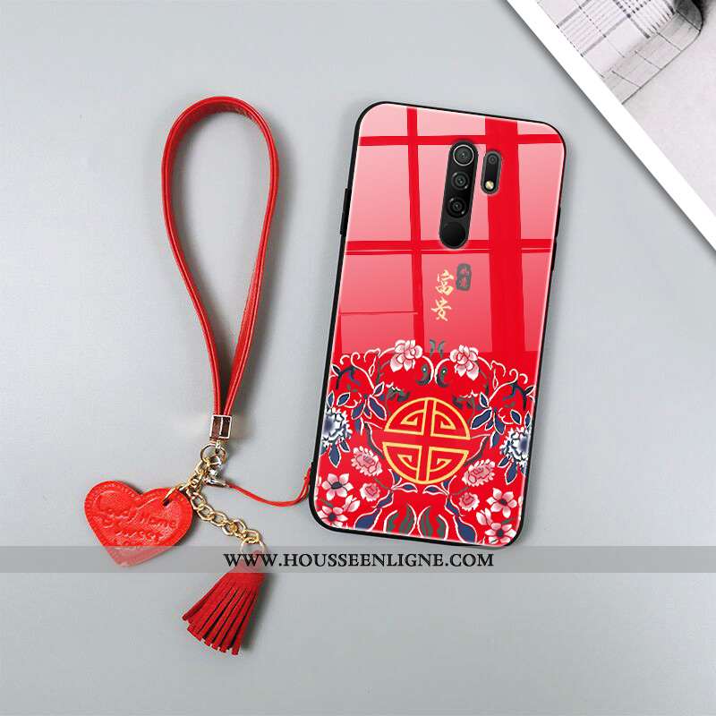 Housse Xiaomi Redmi 9 Protection Verre Style Chinois Tendance Étui Amoureux Fluide Doux Rouge