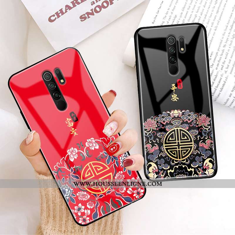 Housse Xiaomi Redmi 9 Protection Verre Style Chinois Tendance Étui Amoureux Fluide Doux Rouge