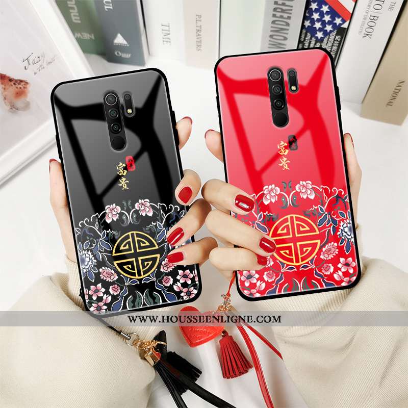 Housse Xiaomi Redmi 9 Protection Verre Style Chinois Tendance Étui Amoureux Fluide Doux Rouge