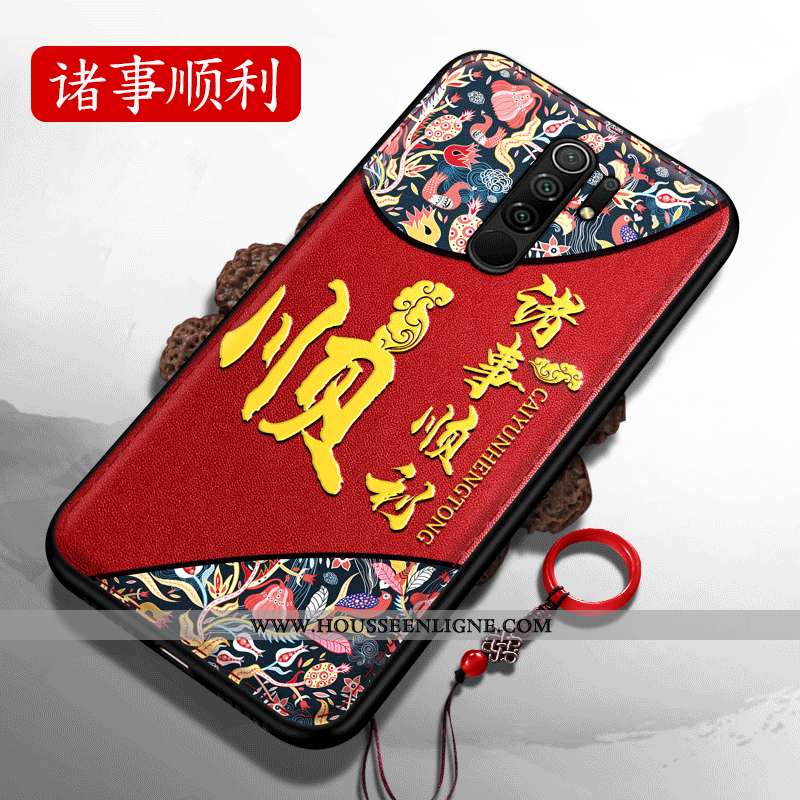 Housse Xiaomi Redmi 9 Silicone Délavé En Daim Incassable Gaufrage Difficile Rouge Personnes Âgées