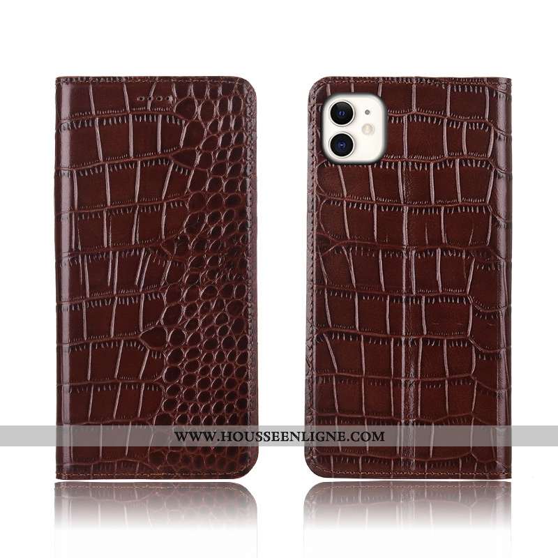 Housse iPhone 11 Cuir Véritable Modèle Fleurie Crocodile Étui Téléphone Portable Silicone Protection
