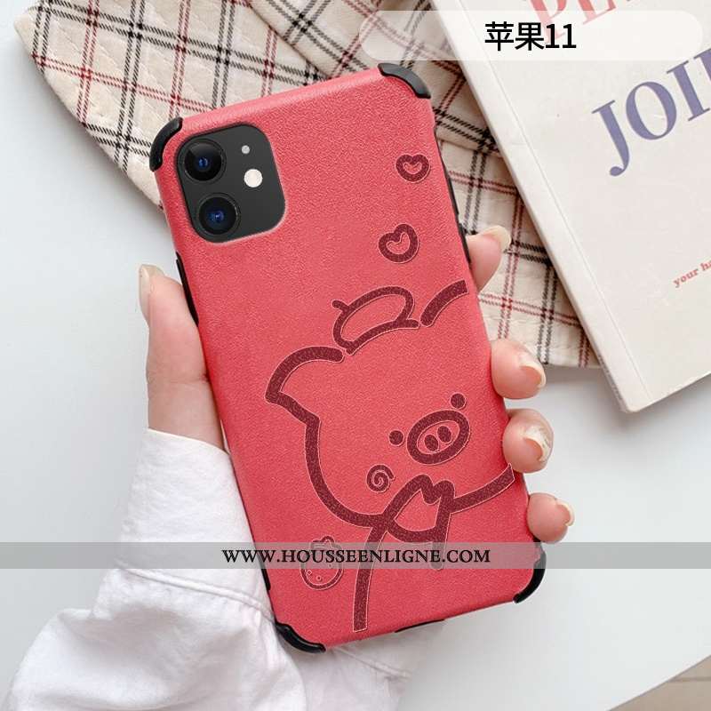 Housse iPhone 11 Dessin Animé Charmant Cuir Téléphone Portable Silicone Incassable Étui Rouge