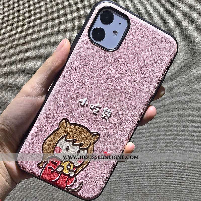 Housse iPhone 11 Dessin Animé Gaufrage Simple Soie Mulberry Téléphone Portable Rose Difficile