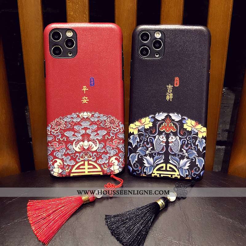 Housse iPhone 11 Pro Max Tendance Gaufrage Rouge Style Chinois Incassable Étui À Franges