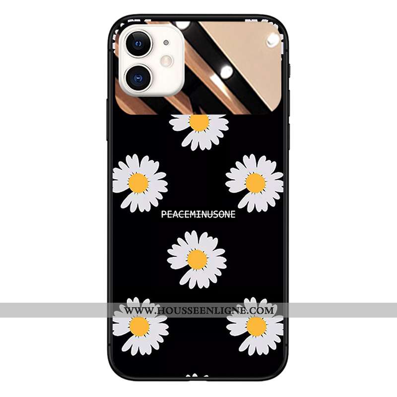 Housse iPhone 11 Verre Tendance Téléphone Portable Net Rouge Étui Petite Marguerite Coque Noir