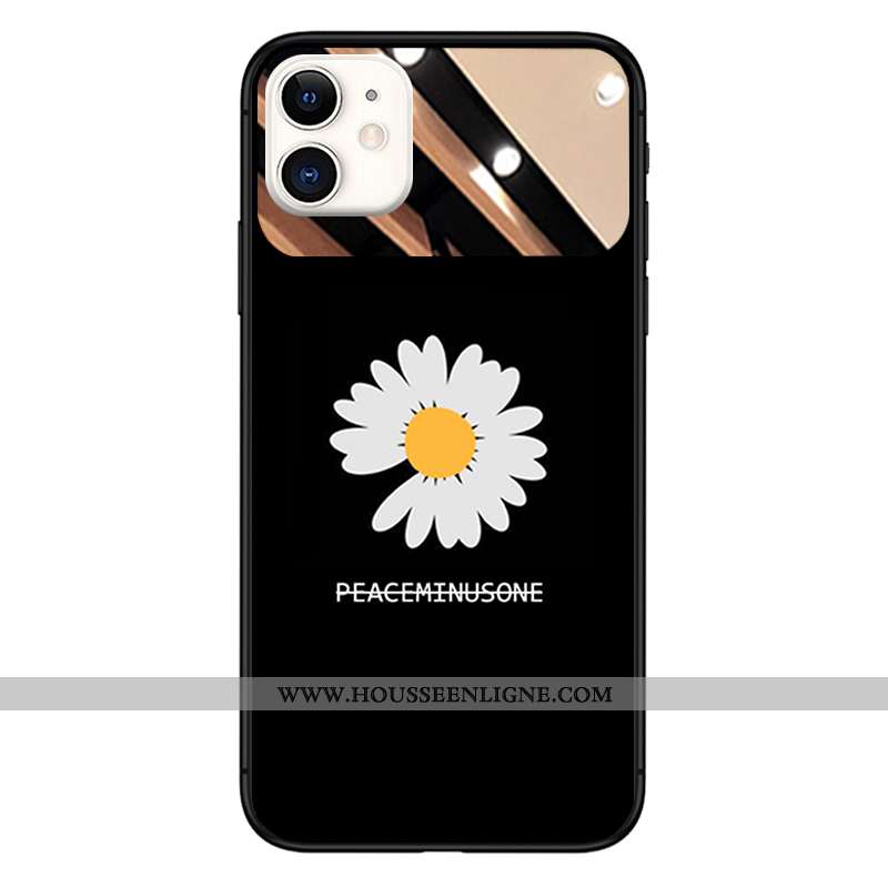 Housse iPhone 11 Verre Tendance Téléphone Portable Net Rouge Étui Petite Marguerite Coque Noir